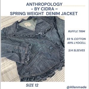 Price⬇️ Anthropology by Cidra Size 12 Light-weight denim jacket, ruffle trim